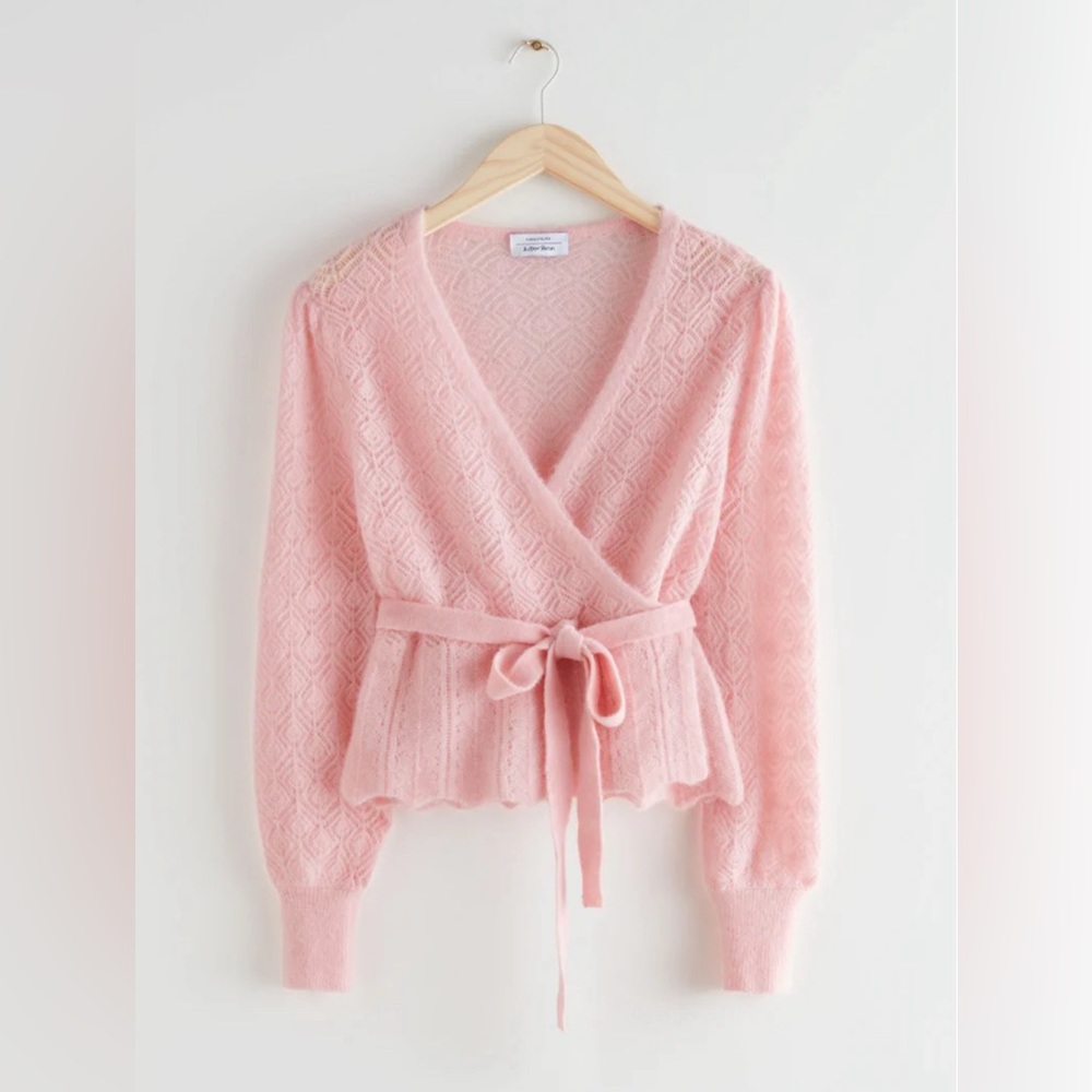 & Other Stories Pointelle Lace Alpaca Blend Wrap Cardigan Sweater Pink Small
